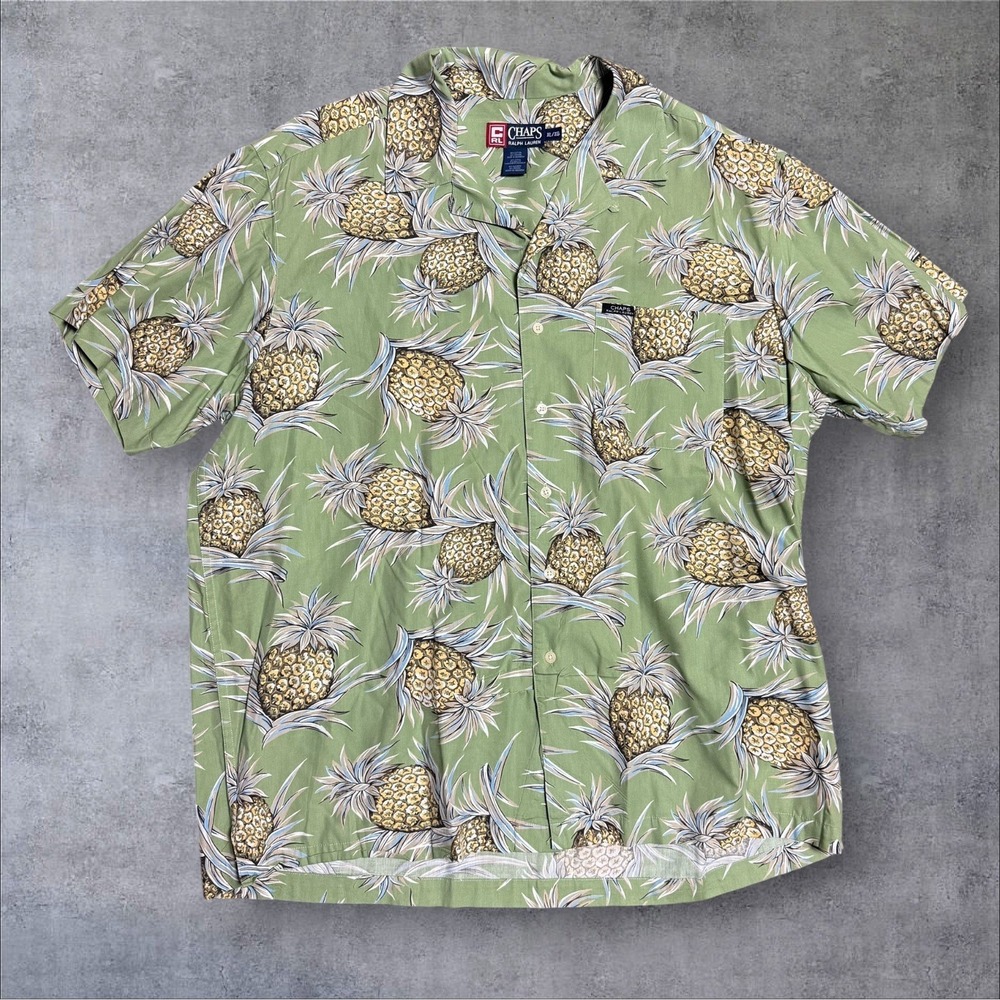 Vintage Chaps Ralph Lauren Shirt Mens XL Green Pineapple AOP 90s Hawaiian Y2K